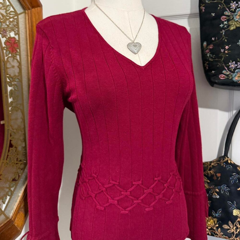 VTG Y2K Giorgio Fiorlini Dark Red Long Bell Sleeve Braided Ribbed Sweater Top S - Picture 2 of 8